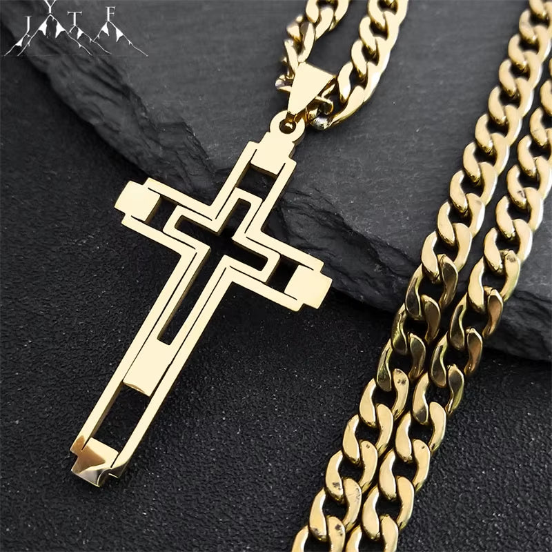 2024 Hip Hop Cross Stainless Steel Chain Necklaces Gold Color Long Pendant Necklace for Women/Men Jewelry Collier Homme N6055S05