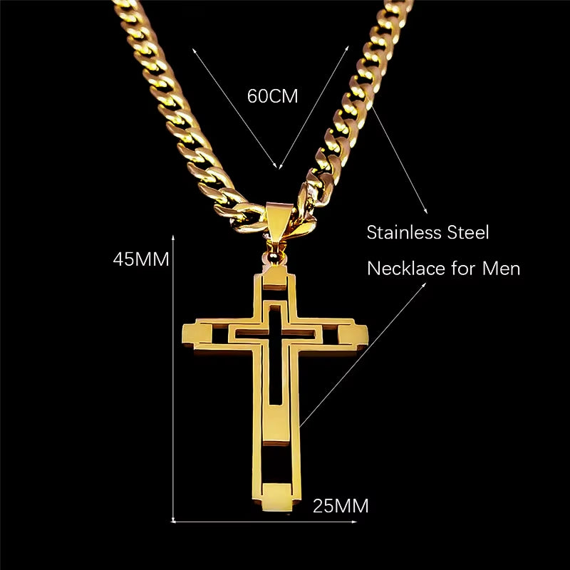 2024 Hip Hop Cross Stainless Steel Chain Necklaces Gold Color Long Pendant Necklace for Women/Men Jewelry Collier Homme N6055S05