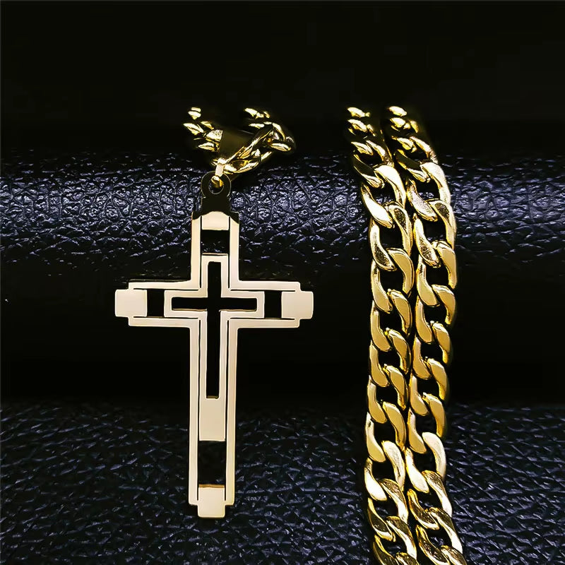 2024 Hip Hop Cross Stainless Steel Chain Necklaces Gold Color Long Pendant Necklace for Women/Men Jewelry Collier Homme N6055S05