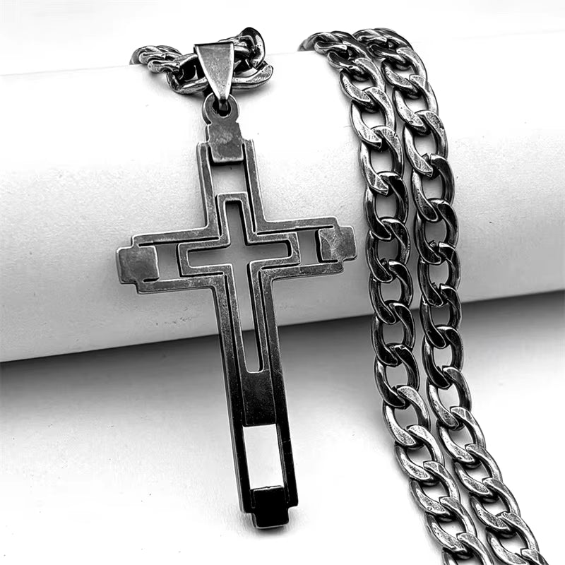 2024 Hip Hop Cross Stainless Steel Chain Necklaces Gold Color Long Pendant Necklace for Women/Men Jewelry Collier Homme N6055S05
