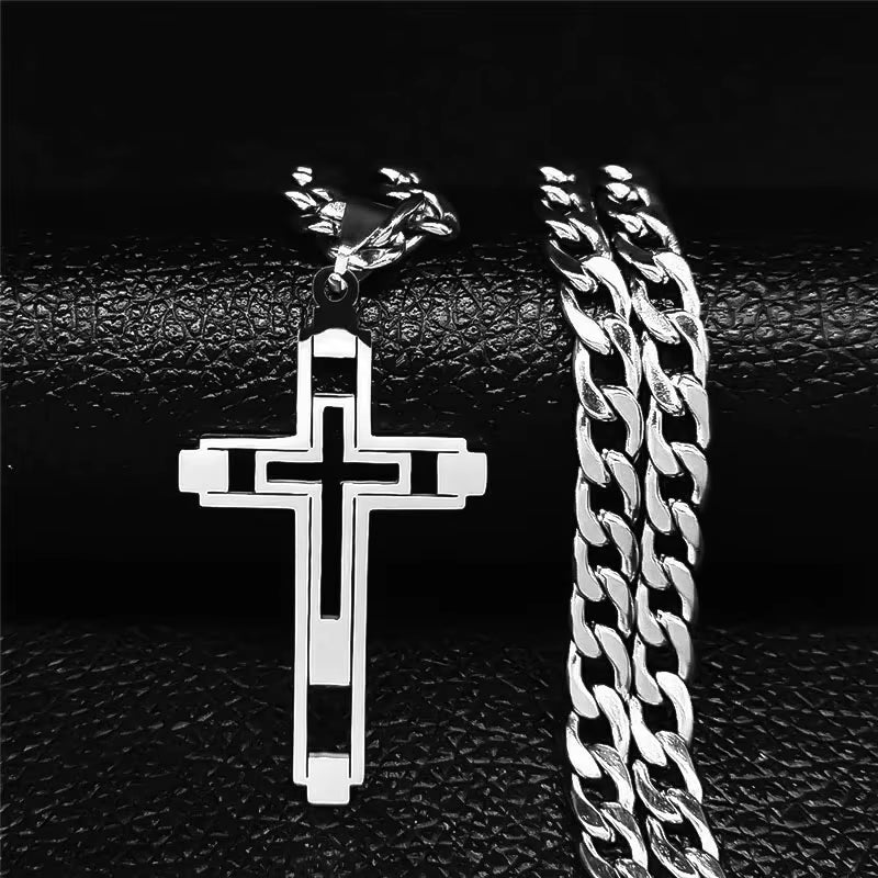 2024 Hip Hop Cross Stainless Steel Chain Necklaces Gold Color Long Pendant Necklace for Women/Men Jewelry Collier Homme N6055S05