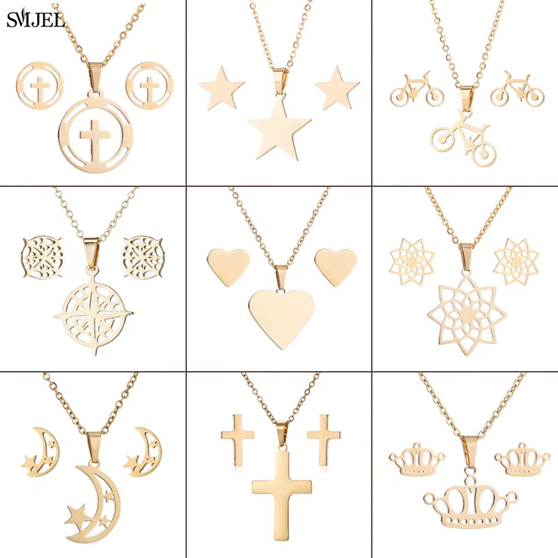 New Cute Stainless Steel Necklaces for Women Gold Color Tiara Princess Crown Cross Compass Heart Star Necklace Jewelry Gifts