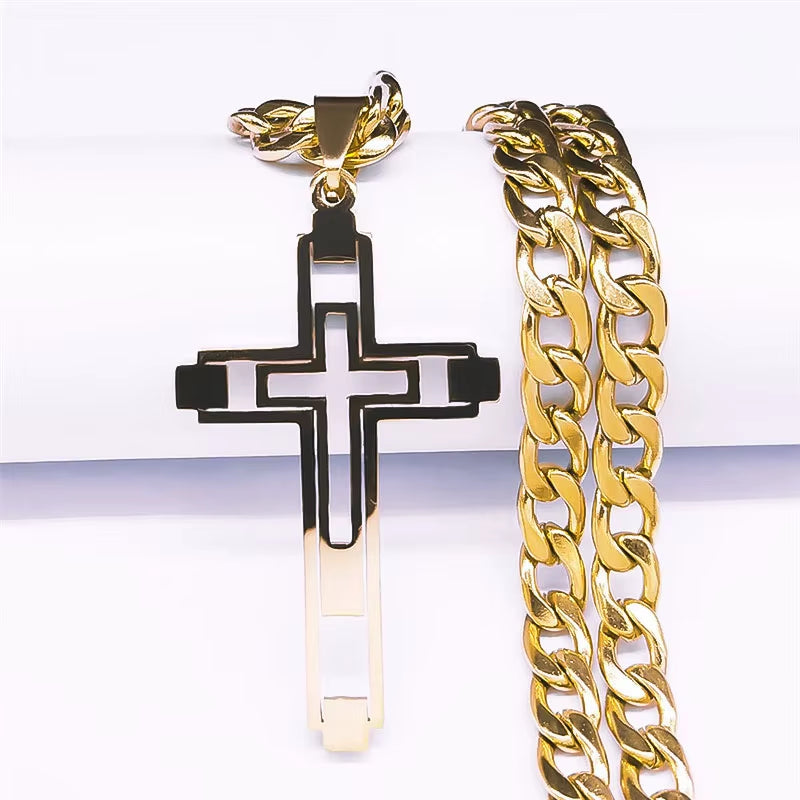 2024 Hip Hop Cross Stainless Steel Chain Necklaces Gold Color Long Pendant Necklace for Women/Men Jewelry Collier Homme N6055S05