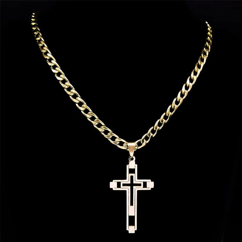 2024 Hip Hop Cross Stainless Steel Chain Necklaces Gold Color Long Pendant Necklace for Women/Men Jewelry Collier Homme N6055S05