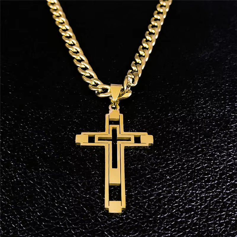 2024 Hip Hop Cross Stainless Steel Chain Necklaces Gold Color Long Pendant Necklace for Women/Men Jewelry Collier Homme N6055S05