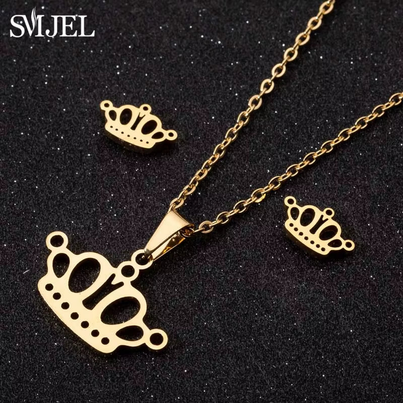 New Cute Stainless Steel Necklaces for Women Gold Color Tiara Princess Crown Cross Compass Heart Star Necklace Jewelry Gifts